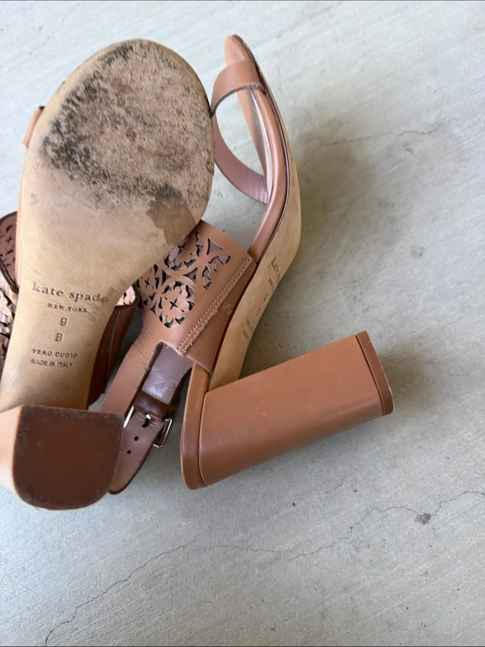 kate spade Tan Laser-Cut Leather Slingback Heels with Pink Insole